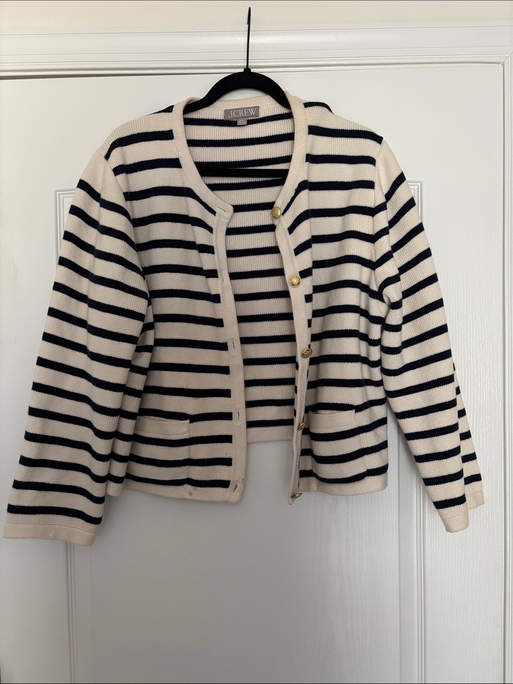 J. Crew Cream and Black Striped Button-Front Jacket